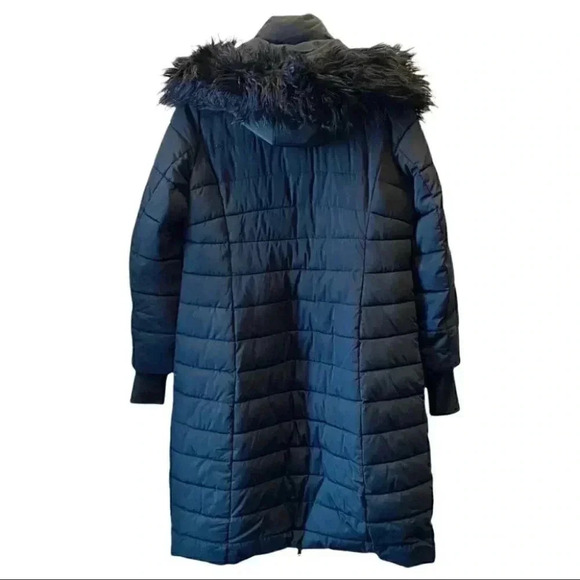 Bebe Long Quilted Winter Puffer Coat Faux Fur Trim Hood Black Size Large - Picture 2 of 16